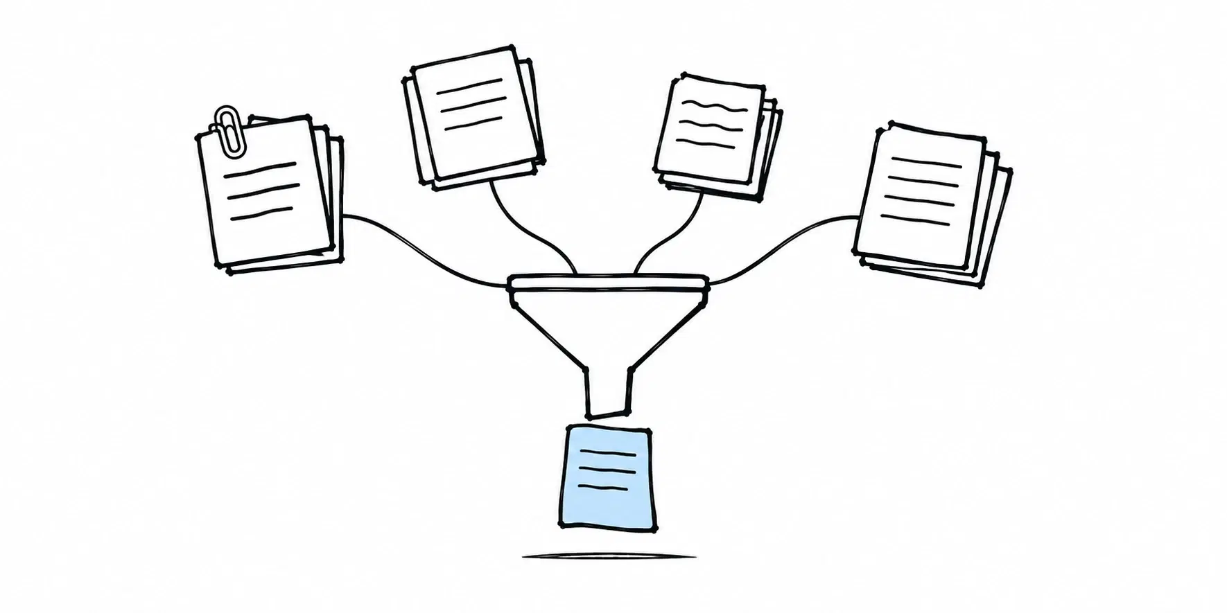 Illustration of four small stacks of documents at the edges whose lines meet in a single funnel, with one light blue sheet emerging below