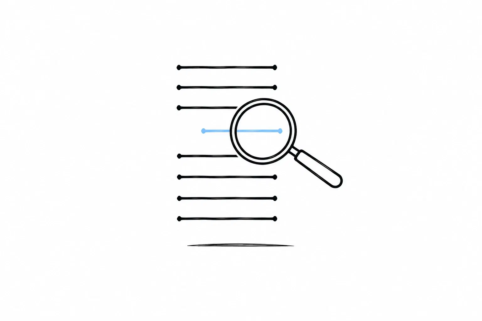 Illustration of a magnifying glass above a row of identical lines, with the line under the lens in light blue and stepping out of the row