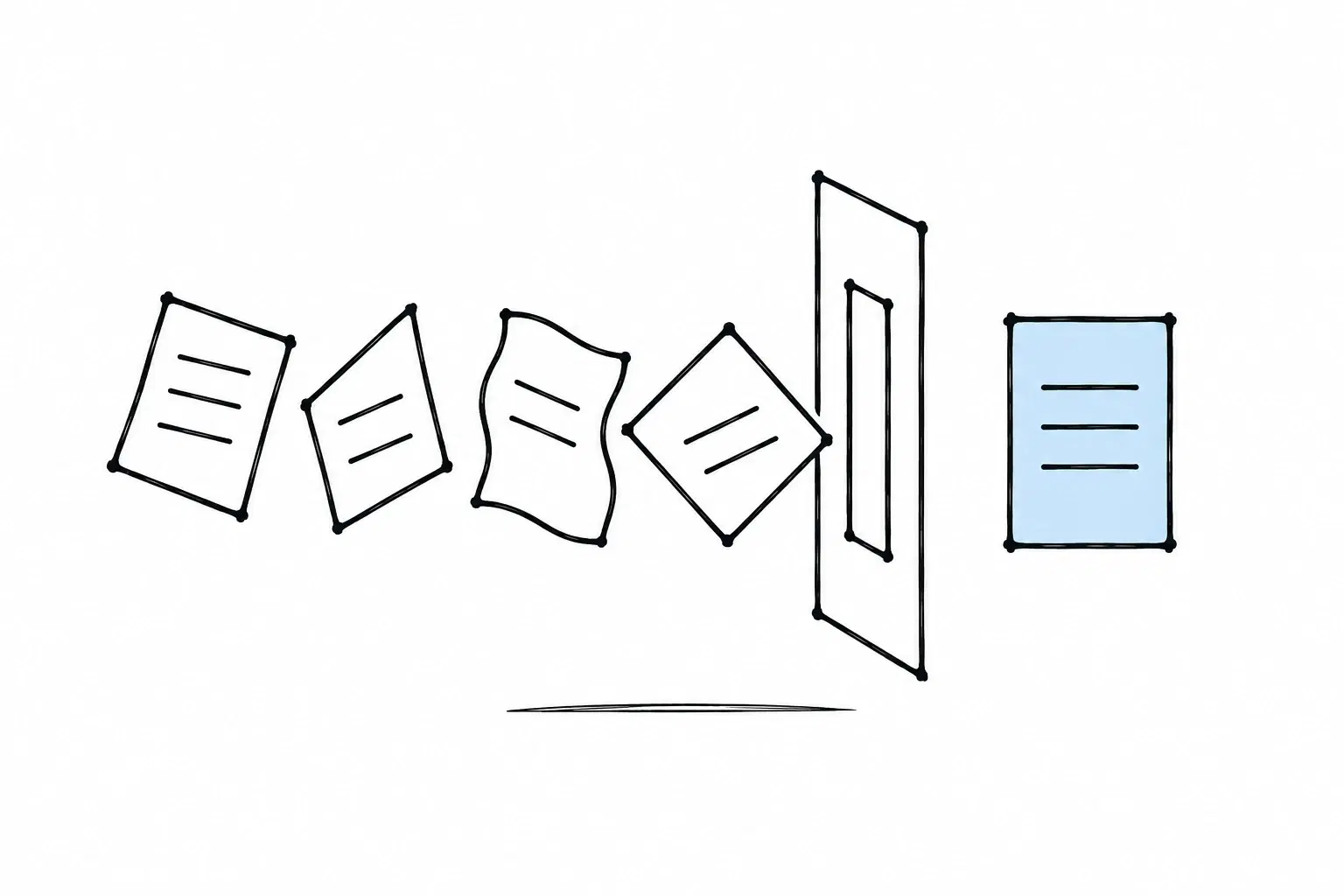 Illustration of four skewed forms passing through a single template and emerging on the right as one straight, light blue form