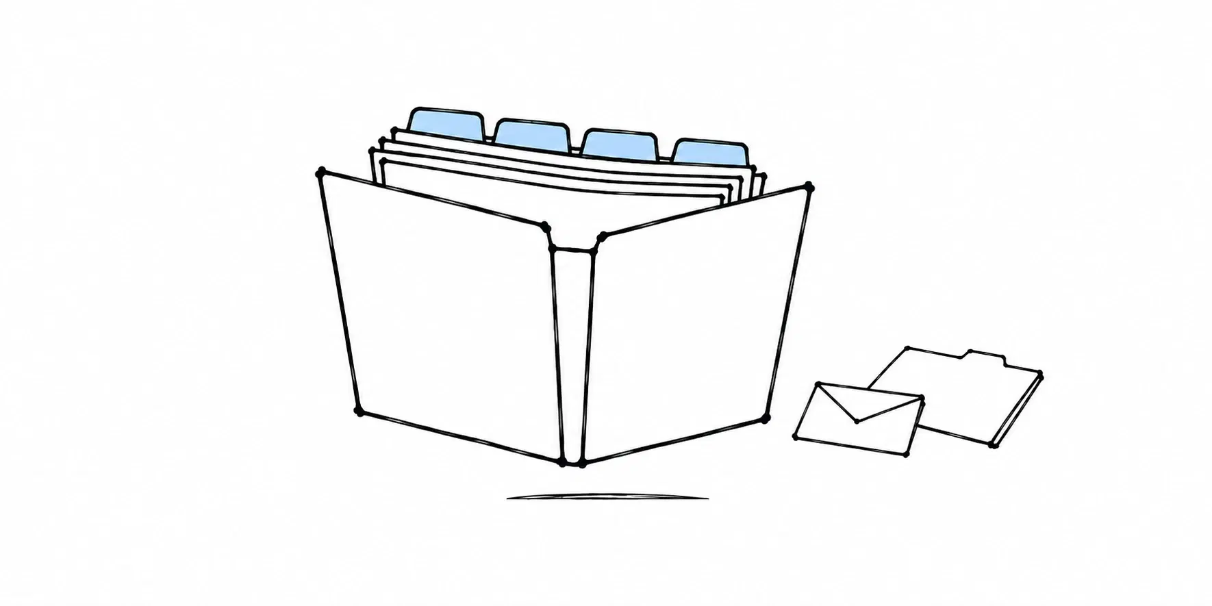 Illustration of an open case file with four light blue tabs, beside it a closed envelope and an empty folder