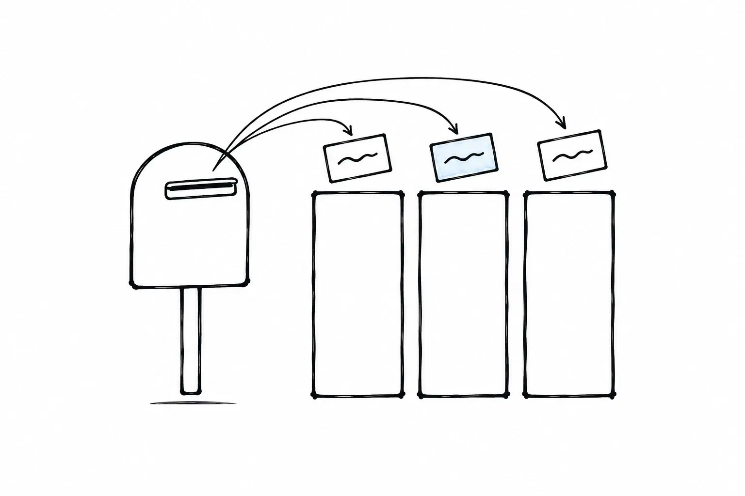 Illustratie van een brievenbus waaruit drie kaartjes over drie kolommen worden verdeeld, één kaartje lichtblauw