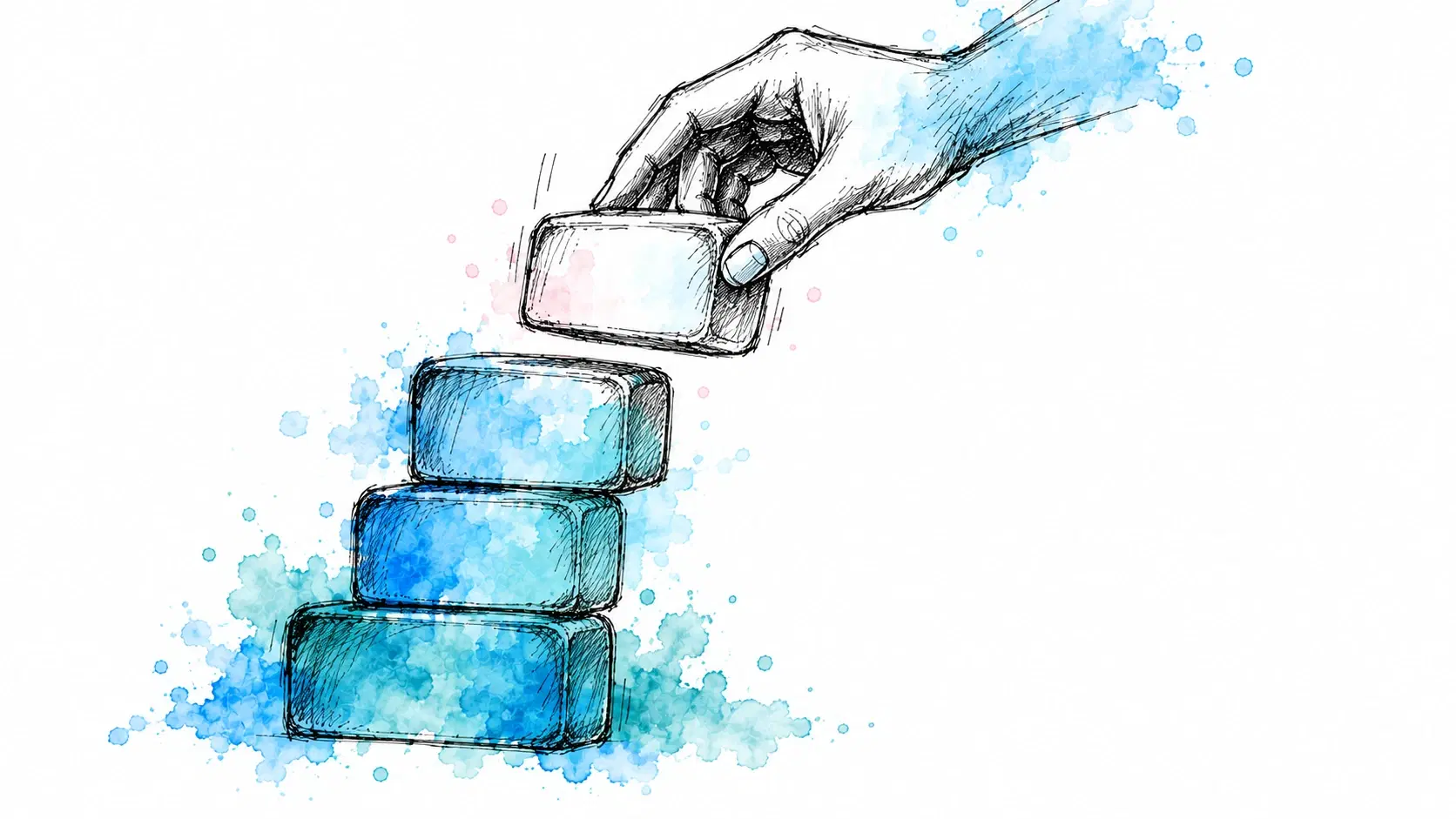 Illustratie van een hand die een blok op een stapel plaatst