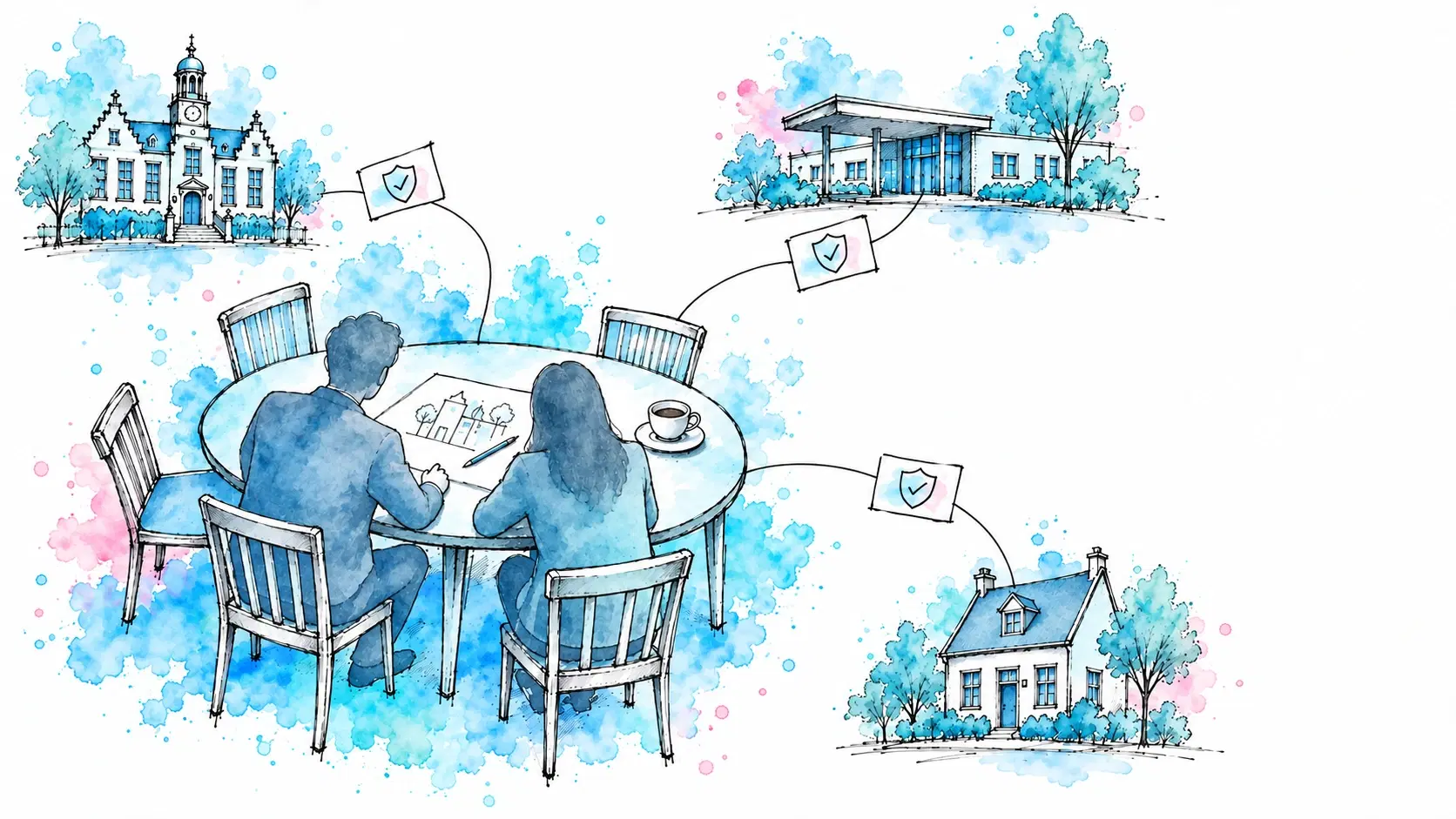 Illustratie van twee mensen die van achteren gezien aan een ronde tafel over een schets gebogen zitten, met lijnen naar een gemeentehuis, een zorgpand en een woonhuis waarlangs kaartjes met een vinkje terugkomen